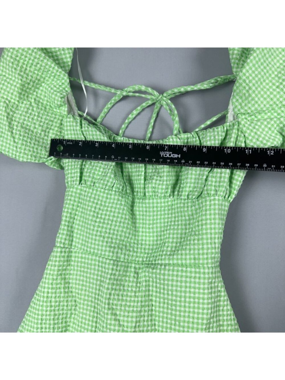 Zara Gingham Dress Size XS Mint Green Puff Sleeve Mini 100% Cotton Side Zipper - Picture 12 of 13